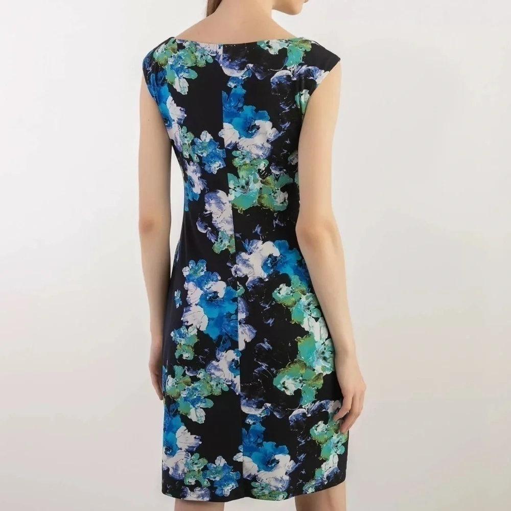 LAUREN Ralph Lauren Dress Ruched Cap Sleeves Lined Black Blue Floral Stretch Sz4 - Picture 2 of 14
